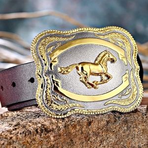New western horse equestrian gold and silver belt buckle 3.5x2.7 fits 1.5" belt